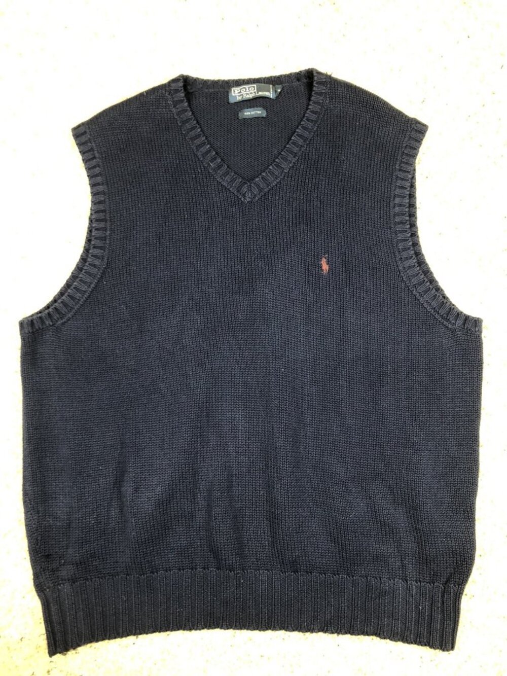 Polo Ralph Lauren Cotton Sweater Vest Men’s Large Blue Knit W Burgundy Pony Logo